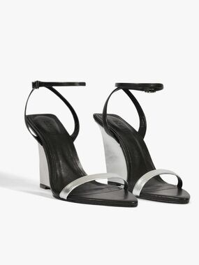 SCHUTZ Melanie Black and Silver Ankle-Strap wedge Block Heel Sandals